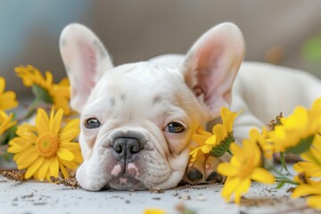 Fototapeta premium Close up shot of a white French bulldog puppy with yellow cosmos flowers at burial funeral