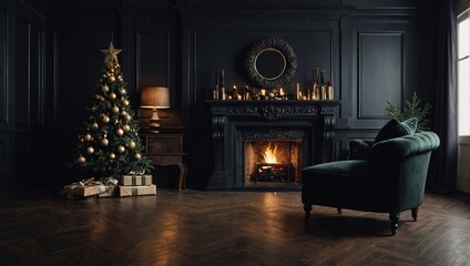  Classic black interior with christmas tree, fireplace, lounge armchair, wall panels, wood floor