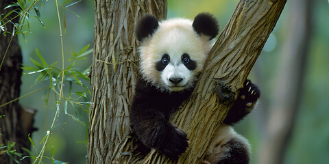 Fototapeta premium Cute panda hanging on a tree 