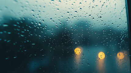 Raindrops on Window with Blurred City Lights Background