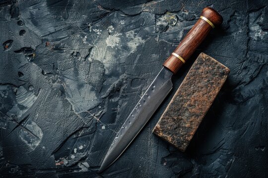 Closeup of knife and sharpening stone on dark background