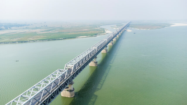  Aerial view of digha sonpur bridge or J. P. Setu is&nbsp;a rail-cum-road steel truss bridge across river ganga, connecting digha ghat in patna and pahleja ghat in sonpur at bihar India.