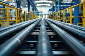 Obraz premium Coated pipes moving on conveyor at pipe factory