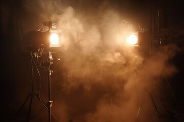 having installed two lighting devices for filming, they stand opposite each other with a black background of haze, light can be seen through the smoke