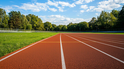 Empty Outdoor Running Track with Green Grass and Trees