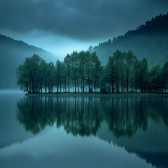 Misty Lake with Tree Reflection in the Morning