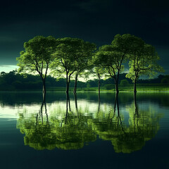 Misty Lake with Tree Reflection in the Morning