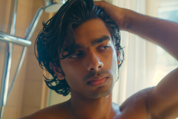 Naklejka premium Thoughtful Young Man with Wet Hair in Shower