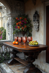 Elegant Terrace with Fruit and Flower Arrangement