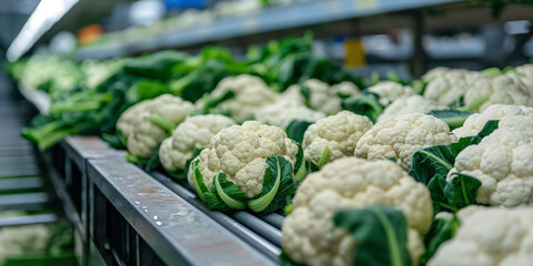 Fresh Cauliflower on a Conveyor Belt in a Modern Agricultural Processing Plant