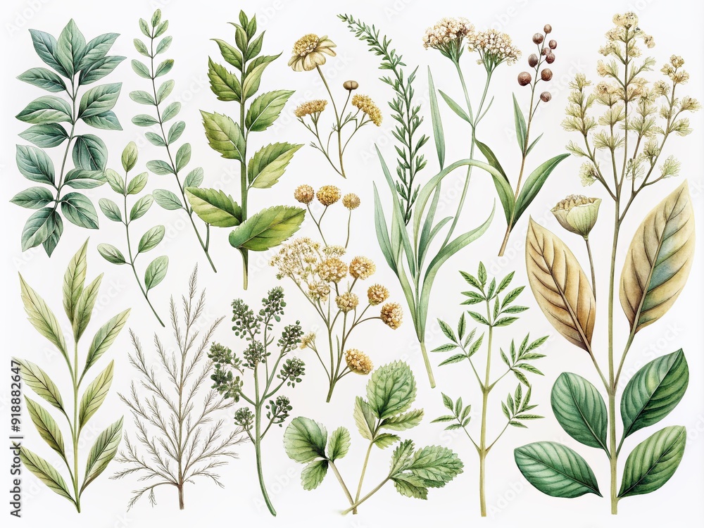 Poster delicate botanical illustrations of herbal plants, showcasing intricately drawn leaves and stems in 