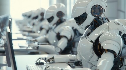 Futuristic office with AI robots working on computers, no humans present, bright and clean environment, space for text, high quality