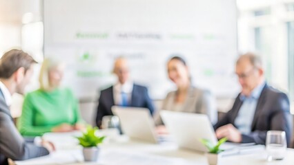 Environmental Audit Meeting: A blurred corporate meeting room where auditors discuss sustainability, ensuring eco-friendly practices are documented.
