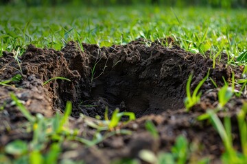 Dug hole with dirt in field