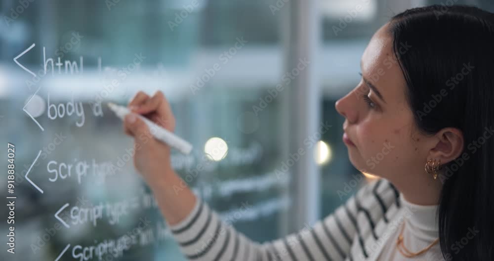 Poster business woman, glass wall and notes for planning project, scripting language and strategy info. fem