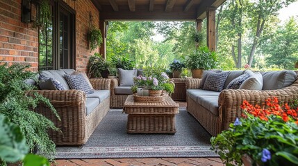 Fototapeta premium Outdoor patio with comfortable seating and decor.