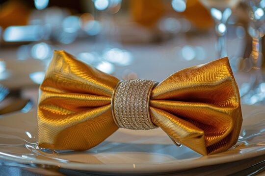 Fancy folding for holiday with a golden napkin bow and silver ring
