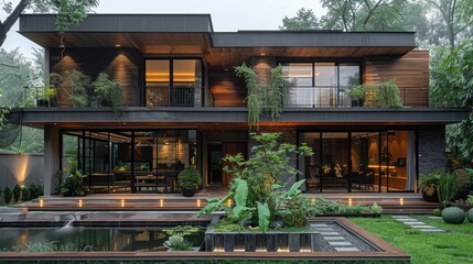 Modern minimalist house, wooden slats on the exterior walls, green plants in the garden
