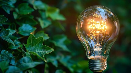 A clear lightbulb with intricate filaments, glowing amidst a backdrop of green leaves, representing low carbon footprint technologies and sustainable living