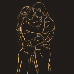 Romantic Couple Embrace, Golden Outline on Black.