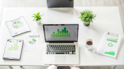 Corporate ESG Audit Overview: A background with a bird’s-eye view of a desk filled with reports, laptops, and green symbols, representing comprehensive auditing.
