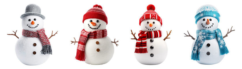 Collection set of snowman isolated on transparent background