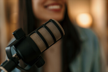 Portrait of an unrecognizable smiling woman with a microphone. Podcast and music studio concept