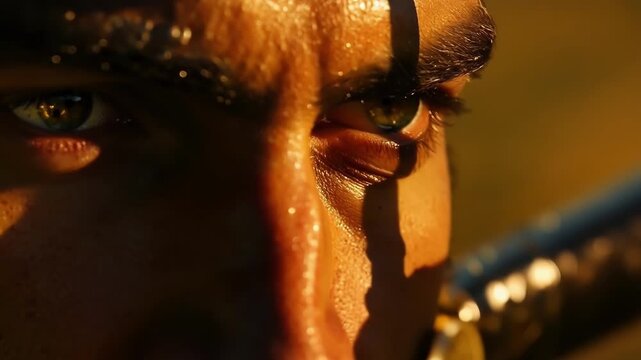 The glistening metal of the trident reflects the determination in the gladiators eyes.