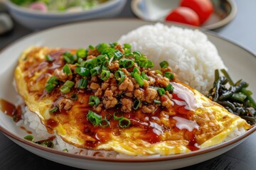 Fototapeta premium Japanese omelette rice served on white plate