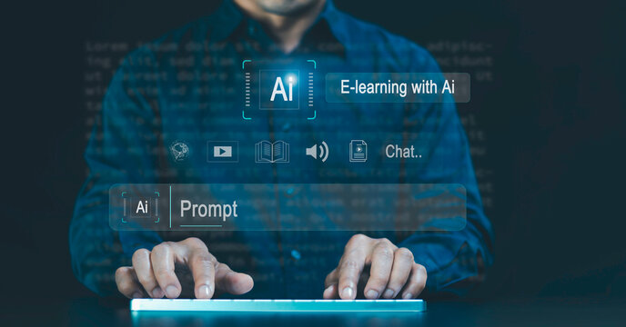 E- learning with AI technology concept. online education, webinar, online courses, Ai intelligence software and machine learning enhance personalised learning, remote learning on internet.
