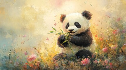 Cute panda savoring bamboo in a delightful watercolor oil painting, ideal for a child's room, with gentle pastel hues and a bright, colorful scene
