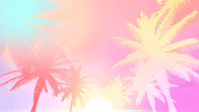Tropical coconut trees silhouette 80s style background.
