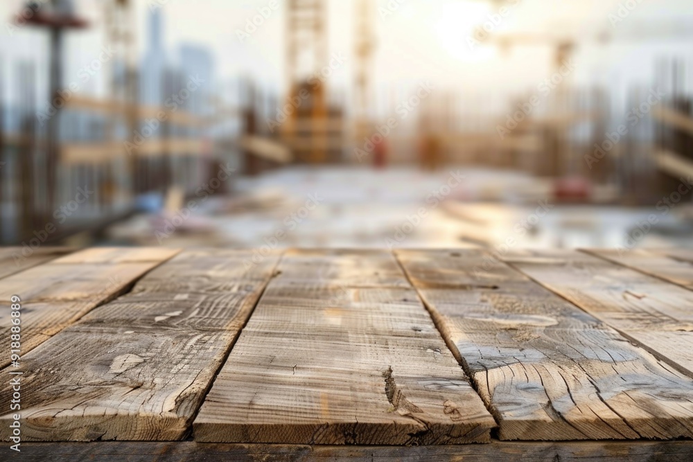 Wall mural a wooden table on a busy construction site with tools and equipment