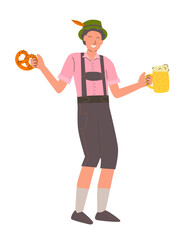 Man in Traditional Bavarian Clothes with Beer and Pretzel. Oktoberfest Celebration. Vecor flat illustration. 