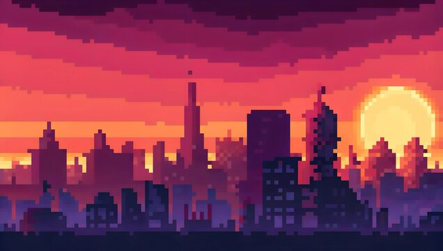 City skyline at sunset pixel art background. 8-bit game assets