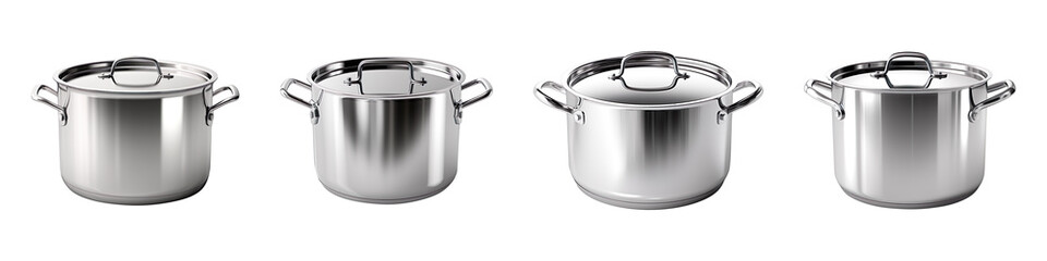 Collection set of Stainless steel cooking pots isolated on transparent background