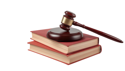 A legal gavel resting atop stacked law books, symbolizing justice and the legal system in a courtroom setting.