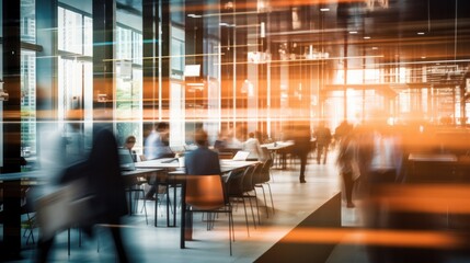 Abstract blur of a bustling office setting, highlighting professionals