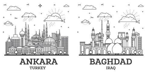 Obraz premium Outline Baghdad Iraq and Ankara Turkey City Skyline set with Historic Buildings Isolated on White. Cityscape with Landmarks.