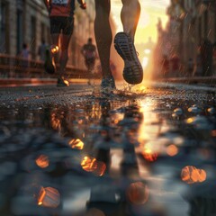 Runner's foot splashing in puddle during a race.