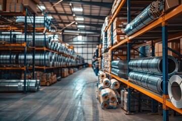 Fototapeta premium Metal rods are stored in warehouse packages