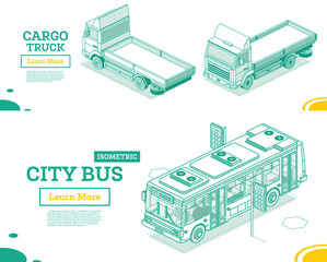 Isometric City Bus and Flatbed Cargo Truck. Back and Front View. Commercial Transport. Logistics. Illustration. Empty Car for Carriage of Goods.