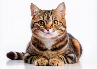 Adorable American Wirehair cat with unique wiry coat and whiskers, posing regally against a pristine white background, showcasing its stunning facial features.