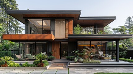 Fototapeta premium Modern minimalist style villa, front view of the house with large windows
