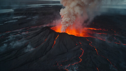 A stunning erupting volcano showcasing a dramatic lava flow and a towering ash cloud present