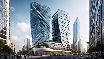 Naklejka premium Soaring glass towers dominate the urban landscape, reflecting a city's ambition and power