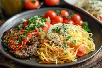 Mixed dish with omelette hamburger steak and spaghetti