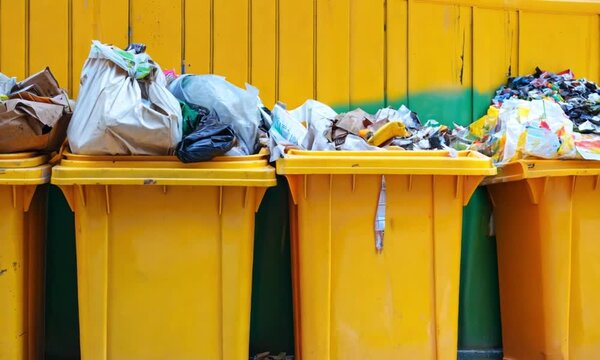 Overflowing yellow garbage bins filled with various types of waste, including plastic bags, paper, and other trash