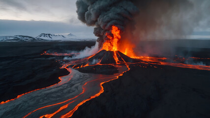 A Spectacular and AweInspiring Volcanic Eruption Showcasing Flowing Lava and Dense Ash Cloud