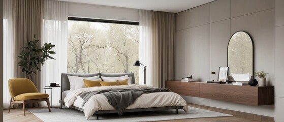 Modern cozy bedroom interior featuring a large window, stylish decor, wooden elements, and a comfortable bed with pillows and throws. Bright and inviting space with natural light.